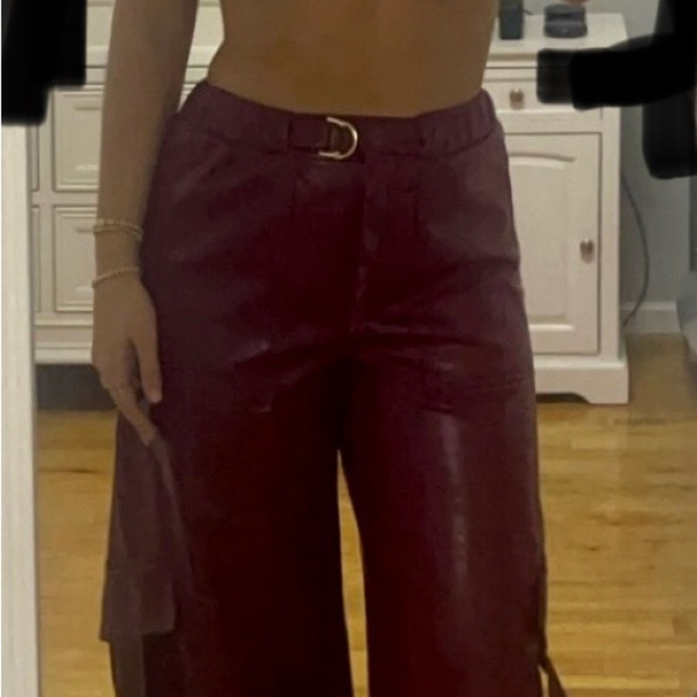 Wide Leg Faux Leather Cargo Pants - Burgundy